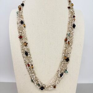 Multi Strand Seed Bead Gemstone Necklace Cream Black Carnelian Boho Layered